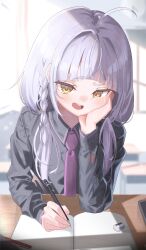 Rule 34 | 1girl, absurdres, arched bangs, black shirt, blush, desk, dress shirt, elbows on table, grey hair, hand on own chest, head rest, highres, holding, holding pencil, hololive, long hair, long sleeves, looking at viewer, madai (mappy), mechanical pencil, murasaki shion, murasaki shion (school uniform), necktie, official alternate costume, open mouth, pencil, purple necktie, school desk, school uniform, shirt, short eyebrows, smug, solo, virtual youtuber, yellow eyes