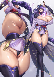 Rule 34 | 1girl, absurdres, alternate breast size, areola slip, ass, braid, breasts, bridal gauntlets, cleavage, close-up, curvy, electricity, feet out of frame, flower, from behind, from below, genshin impact, gigantic breasts, hair flower, hair ornament, highres, holding, holding sword, holding weapon, huge ass, huge breasts, human scabbard, japanese clothes, kimono, long hair, long sleeves, low-braided long hair, low-tied long hair, mole, mole under eye, musou isshin (genshin impact), obi, okobo, panties, projected inset, purple eyes, purple flower, purple hair, purple kimono, raiden shogun, sandals, sash, solo, standing, sword, sword between breasts, thick thighs, thighhighs, thighs, thirty 8ght, underwear, very long hair, weapon, wide hips