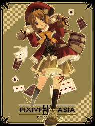 Rule 34 | 1girl, ace (playing card), ace of spades, aogoma, bad id, bad pixiv id, bag, bloomers, blue eyes, braid, card, cat, eight of diamonds (playing card), floating card, hat, pixiv fantasia, pixiv fantasia 3, playing card, red hat, ribbon, skirt, socks, solo, spade (shape), twin braids, underwear