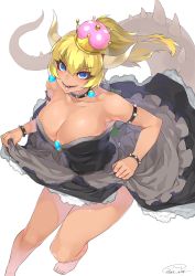 Rule 34 | 1girl, armlet, bare legs, bare shoulders, barefoot, black dress, blonde hair, blue eyes, bowsette, bracelet, breasts, brooch, cleavage, clothes lift, collar, commentary request, crown, dress, earrings, hair between eyes, happa (cloverppd), highres, horns, jewelry, lace, lace-trimmed dress, lace trim, large breasts, lifting own clothes, long hair, looking at viewer, mario (series), new super mario bros. u deluxe, nintendo, open mouth, petticoat, ponytail, sharp teeth, short hair, simple background, skirt, skirt lift, sleeveless, sleeveless dress, smile, solo, sparkle, spiked armlet, spiked bracelet, spiked collar, spiked shell, spiked tail, spikes, strapless, strapless dress, super crown, tail, teeth, thick eyebrows, tilted headwear, turtle shell, white background