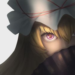 Rule 34 | 1girl, amino (tn7135), blonde hair, close-up, covering own mouth, grey background, hand fan, hat, hat ribbon, long hair, looking at viewer, mob cap, out of frame, purple eyes, ribbon, solo, touhou, yakumo yukari