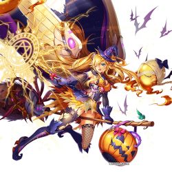 Rule 34 | 1girl, bat (animal), black thighhighs, blonde hair, blue eyes, boots, bow, breasts, broom, broom riding, cape, commentary request, elbow gloves, fishnet thighhighs, fishnets, full body, garter straps, ghost, gloves, halloween, hat, holding, jack-o&#039;-lantern, kamihime project, long hair, magic, medium breasts, official art, one eye closed, open mouth, panties, pumpkin, see-through, sideboob, simple background, sleeveless, sparkle, thigh boots, thighhighs, underwear, very long hair, wand, wings, witch, witch hat
