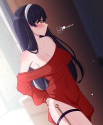 Rule 34 | 1girl, adjusting clothes, artist name, bare shoulders, black hair, blush, breasts, cleavage, dagger, earrings, hair down, hairband, highres, jewelry, knife, lewdlux, long hair, long sleeves, looking to the side, medium breasts, off shoulder, red eyes, red sweater, solo, spy x family, sweater, thigh strap, thighs, weapon, yor briar