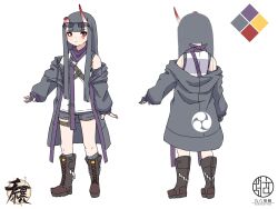 Rule 34 | 1girl, bare shoulders, black footwear, black jacket, boots, closed mouth, color guide, cross-laced footwear, eyewear on head, gloves, grey gloves, grey hair, grey shorts, grey socks, highres, horns, jacket, kuro kosyou, lace-up boots, long hair, long sleeves, looking at viewer, mitsudomoe (shape), multiple views, off shoulder, oni, oni horns, open clothes, open jacket, original, partially fingerless gloves, puffy long sleeves, puffy sleeves, red eyes, shirt, short shorts, shorts, simple background, sleeveless, sleeveless shirt, sleeves past wrists, socks, sunglasses, tomoe (symbol), very long hair, white background, white shirt