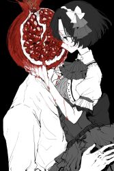 Rule 34 | 1boy, 1girl, ambiguous red liquid, black background, bow, dress, food, fruit, hair bow, hairband, highres, hug, idolmaster, idolmaster cinderella girls, ascot, looking at another, monochrome, object head, pomegranate, profile, shiragiku hotaru, short hair, short sleeves, simple background, sketch, smile, spot color, surreal, yuyuyuyhz