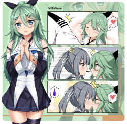 Rule 34 | 1boy, 2girls, ^^^, admiral (kancolle), anger vein, black bow, black legwear, black serafuku, blush, bow, brown eyes, closed eyes, comic, commentary, criss-cross halter, detached sleeves, english commentary, food, green eyes, green hair, hair between eyes, hair bow, hair ornament, hair ribbon, hairclip, halterneck, heart, highres, kantai collection, kasumi (kancolle), long hair, looking at viewer, military, military uniform, multiple girls, open mouth, own hands together, parted bangs, pocky, pocky kiss, ribbon, sailor collar, school uniform, serafuku, shared food, sheita, shirt, short hair, side ponytail, sidelocks, silent comic, silver hair, sleeveless, sleeveless shirt, sweatdrop, thighhighs, uniform, white ribbon, wide sleeves, yamakaze (kancolle), zettai ryouiki