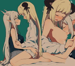 Rule 34 | 2girls, arknights, black tank top, blonde hair, blue eyes, blush, breasts, closed eyes, coldcat., collared shirt, curled horns, demon horns, face-to-face, green background, grey hair, grey shorts, highres, horns, kiss, long hair, multiple girls, naked shirt, nightingale (arknights), nipples, one eye closed, open mouth, pointy ears, red eyes, shining (arknights), shirt, shorts, simple background, small breasts, straddling, tank top, very long hair, white shirt, yuri