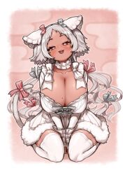 Rule 34 | 1girl, absurdres, between thighs, blush, bow, breasts, bright pupils, cat tail, cleavage, dark-skinned female, dark skin, dress, frills, half-closed eyes, highres, ichika (ichika manga), indie virtual youtuber, large breasts, long hair, nekobuki kemuri, open mouth, red eyes, seiza, short dress, short hair, short hair with long locks, sitting, smile, solo, tail, tail bow, tail ornament, thighhighs, v arms, very long hair, virtual youtuber, wavy hair, white dress, white hair, white pupils, white thighhighs, zettai ryouiki