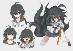 Rule 34 | 1girl, ahoge, ameyu (rapon), black eyes, black sailor collar, black skirt, bow, brown bow, character profile, constricted pupils, expressions, female focus, flying sweatdrops, hair between eyes, hair bow, highres, legs apart, long hair, looking at viewer, messy hair, one eye closed, original, ponytail, sailor collar, school uniform, simple background, skirt, socks, solo, very long hair, white background, white socks