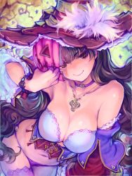 Rule 34 | bra, bra strap, bracelet, breasts, brown eyes, brown hair, cleavage, corset, detached sleeves, dress, feather trim, feathers, halloween, hat, huge breasts, jewelry, long hair, mask, unworn mask, midriff, necklace, pumpkin, smile, smirk, strap slip, strapless, strapless dress, taiyou no orgel, thighhighs, tinkle bell, underwear, witch, witch hat