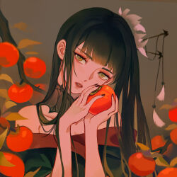 Rule 34 | 1girl, bare shoulders, black collar, black hair, black kimono, black nails, blunt bangs, branch, brown background, collar, collarbone, final fantasy, final fantasy xiv, flower, food, fruit, green eyes, hair flower, hair ornament, hair stick, hands up, head tilt, highres, holding, holding food, holding fruit, hyur, japanese clothes, kimono, lace collar, leaf, long hair, looking at viewer, mole, mole under mouth, nail polish, off shoulder, parted lips, persimmon, portrait, simple background, solo, straight hair, tearing up, tears, xiang wan wei wan, yotsuyu goe brutus
