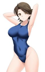 Rule 34 | 1girl, armpits, arms behind head, arms up, blue one-piece swimsuit, breasts, brown eyes, brown hair, collarbone, competition swimsuit, covered navel, cowboy shot, expressionless, fuuma nagi, large breasts, looking at viewer, mole, mole under eye, one-piece swimsuit, original, short hair, simple background, solo, swimsuit, white background