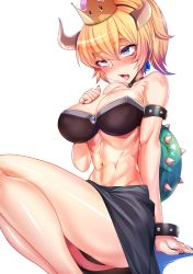 Rule 34 | 1girl, abs, adapted costume, armlet, ass, bare shoulders, black dress, black nails, black panties, blonde hair, blue eyes, blue gemstone, borrowed design, bowsette, bracelet, breasts, cleavage, clothes pull, collar, crown, dress, dress pull, earrings, fang, fingernails, flying sweatdrops, gem, highres, horns, jewelry, large breasts, mario (series), muscular, nail polish, new super mario bros. u deluxe, nintendo, open mouth, panties, ponytail, scratching cheek, sharp fingernails, sharp teeth, shiny skin, silly (marinkomoe), simple background, sitting, smile, spiked armlet, spiked bracelet, spiked collar, spikes, super crown, teeth, thick eyebrows, thighs, toned, tongue, turtle shell, underwear, white background