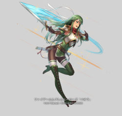 Rule 34 | 1girl, armor, boots, breasts, cross-laced footwear, cuboon, elbow gloves, fingerless gloves, fire emblem, fire emblem: mystery of the emblem, fire emblem heroes, full body, gloves, green eyes, green hair, headband, lace-up boots, long hair, nintendo, official art, palla (fire emblem), pegasus knight uniform (fire emblem), skirt, solo, thighhighs, thighhighs under boots, very long hair, weapon