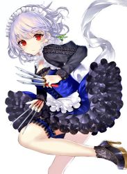 Rule 34 | 1girl, :/, alternate costume, apron, back bow, between fingers, black dress, black footwear, bow, braid, breasts, commentary request, dress, frilled apron, frills, green ribbon, hair between eyes, hair ribbon, high heels, holding, holding knife, izayoi sakuya, knife, knives between fingers, long sleeves, looking at viewer, maid, maid headdress, medium breasts, red eyes, ribbon, sakizaki saki-p, short hair, simple background, solo, standing, standing on one leg, thigh strap, touhou, tress ribbon, twin braids, white apron, white background, white bow