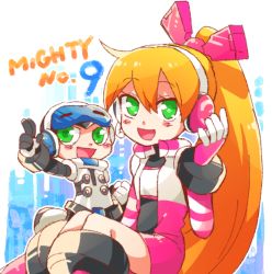 Rule 34 | 1boy, 1girl, android, beck (mighty no. 9), blonde hair, blush, call (mighty no. 9), call f, dress, eyebrows, fingerless gloves, gloves, green eyes, hairband, headphones, helmet, jacket, long hair, mighty no. 9, no humans, open mouth, ponytail, ribbon, robot, shirt