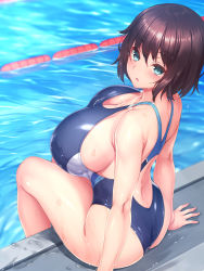 Rule 34 | 1girl, aqua eyes, ass, blush, breasts, brown hair, competition swimsuit, courreges accel, from side, huge breasts, one-piece swimsuit, original, pool, poolside, short hair, sideboob, sitting, soaking feet, solo, swimsuit, tazukichi, wet