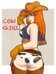Rule 34 | 1girl, animal print, ass, belt, blue eyes, breasts, brown belt, brown gloves, brown legwear, covered erect nipples, cow print, cowboy hat, cowboy western, cropped jacket, denim, denim jacket, f a, from behind, gloves, hand on own hip, hat, highres, jacket, large breasts, long hair, looking at viewer, marvel frozen, orange hair, parted lips, seisenshi dunbine, solo