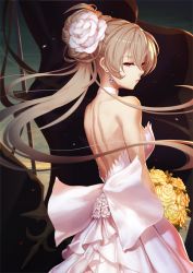 Rule 34 | 1girl, azur lane, back, bouquet, breasts, bride, choker, dress, earrings, evening, floating hair, flower, from side, gloves, hair between eyes, half-closed eyes, holding, holding bouquet, jean bart (azur lane), jewelry, light particles, long hair, looking at viewer, looking back, medium breasts, mitchy1023, outdoors, parted lips, petals, pink dress, ponytail, red eyes, shoulder blades, sidelocks, solo, strapless, strapless dress, sunset, very long hair, wedding dress, wind