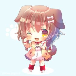 Rule 34 | 1girl, animal ears, blue background, bone hair ornament, braid, brown eyes, brown hair, cartoon bone, chibi, collared dress, commentary request, dog ears, dog girl, dog tail, dress, full body, hair ornament, hair over shoulder, hololive, inugami korone, inugami korone (1st costume), jacket, kneehighs, kou hiyoyo, long hair, loose socks, lowres, open clothes, open jacket, red socks, simple background, socks, solo, standing, tail, twin braids, twintails, virtual youtuber, white dress, white footwear, yellow jacket