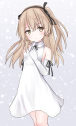 Rule 34 | 1girl, arm behind back, black ribbon, brown eyes, closed mouth, collared dress, commentary, dress, elbow gloves, girls und panzer, gloves, hair ribbon, highres, langley1000, light blush, light brown hair, light smile, long hair, looking at viewer, one side up, ribbon, shimada arisu, short dress, sleeveless, sleeveless dress, solo, standing, white dress