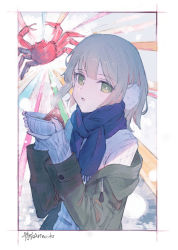Rule 34 | 1girl, absurdres, bad id, bad pixiv id, blue scarf, blush, bowl, commentary request, crab, fringe trim, green eyes, green jacket, grey hair, highres, holding, holding bowl, jacket, long hair, long sleeves, looking at viewer, off shoulder, open clothes, open jacket, original, parted lips, scarf, sleeves past wrists, solo, sweater, upper body, watori re, white sweater
