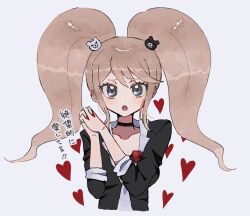 Rule 34 | 1girl, :o, black choker, black shirt, blonde hair, bow, choker, collarbone, cropped torso, danganronpa: trigger happy havoc, danganronpa (series), enoshima junko, grey eyes, grey necktie, heart, interlocked fingers, long sleeves, lower teeth only, mikomi (90m5x), nail polish, necktie, own hands together, red bow, red nails, shirt, solo, teeth, tongue, translation request, twintails, white background