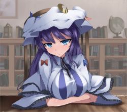 Rule 34 | 1girl, blue eyes, blush, book, bookshelf, breast rest, breasts, capelet, colorized, crescent, crossed arms, desk, dress, female focus, globe, hat, large breasts, long hair, looking at viewer, patchouli knowledge, purple hair, santa (kaisou hikuutei), santa syokatu, shishamo@, smile, solo, striped clothes, striped dress, touhou, wide sleeves