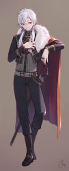 Rule 34 | 1boy, black footwear, black jacket, black pants, boots, cape, closed mouth, commentary, cropped jacket, full body, fur trim, grey shirt, jacket, jewelry, kuzuha (nijisanji), long hair, long sleeves, male focus, nijisanji, official alternate costume, pants, piro (orip), red cape, red eyes, ring, shirt, signature, simple background, smile, solo, standing, sword, virtual youtuber, weapon, white hair