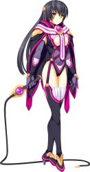Rule 34 | 1girl, black hair, blush, breasts, cape, cleavage, cleavage cutout, clothing cutout, elbow gloves, full body, gloves, ingrito syenker, leotard, long hair, looking at viewer, pendulum (game), revealing clothes, simple background, solo, standing, tamiya akito, thighhighs, very long hair, weapon, whip, white background, yellow eyes