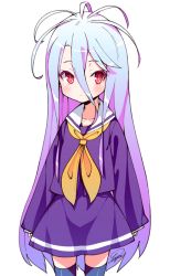 Rule 34 | 1girl, :&lt;, black thighhighs, blue hair, commentary, cowboy shot, highres, long hair, looking at viewer, neckerchief, no game no life, purple hair, red eyes, sailor collar, school uniform, shiro (no game no life), signature, simple background, solo, thighhighs, tosyeo, white background