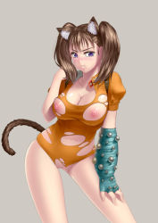 Rule 34 | &gt;:t, 10s, 1girl, :t, adjusting hair, animal ears, annoyed, arm support, blue gloves, blush, bodysuit, breasts, brown hair, buckle, cat ears, cat tail, cleavage, cleft of venus, closed mouth, collarbone, contrapposto, cowboy shot, diane (nanatsu no taizai), elbow gloves, extra ears, fingerless gloves, gloves, grey background, grey hair, hand on own thigh, hand up, harness, high collar, hip focus, kai (link2262), kemonomimi mode, large breasts, leaning, legs apart, leotard, long hair, looking at viewer, nanatsu no taizai, navel, nipples, nose blush, pout, puffy short sleeves, puffy sleeves, purple eyes, pussy, short hair, short sleeves, short twintails, simple background, single elbow glove, skindentation, solo, standing, tail, taut clothes, torn clothes, torn leotard, twintails, uncensored, v-shaped eyebrows
