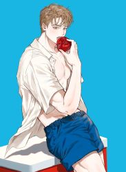 Rule 34 | 1boy, apple, blue background, blue shorts, brown eyes, brown hair, copyright name, eating, food, fruit, highres, leaning, male focus, open clothes, open shirt, panic 0525, pectorals, shirt, short hair, short sleeves, shorts, solo, toned, toned male, white shirt