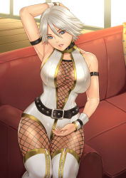 Rule 34 | 1girl, armpits, bare shoulders, belt, blue eyes, breasts, christie (doa), cleavage, dead or alive, highres, large breasts, looking at viewer, seed01010, short hair, sitting, sleeveless, tecmo, thighs, white hair