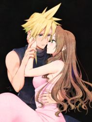 Rule 34 | 2020, aerith gainsborough, arm around waist, bad id, bad pixiv id, bare arms, black background, black sweater, blonde hair, blue eyes, breasts, brown hair, closed mouth, cloud strife, couple, dated, dress, eye contact, final fantasy, final fantasy vii, green eyes, hair down, hetero, imminent kiss, krudears, long hair, looking at another, medium breasts, parted lips, pink dress, ribbed sweater, shiny skin, sleeveless, sleeveless dress, sleeveless sweater, spiked hair, sweater, very long hair
