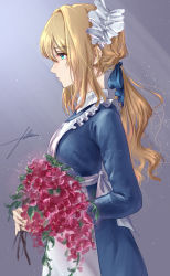 Rule 34 | 1girl, alternate costume, apron, aqua eyes, blonde hair, blue dress, blue eyes, bougainvillea (flower), bouquet, breasts, dress, enmaided, filha, flower, highres, large breasts, long hair, maid, maid apron, maid headdress, ponytail, sidelocks, simple background, solo, standing, violet evergarden, violet evergarden (series)