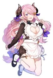 Rule 34 | 1girl, apron, bow, braid, braided ponytail, breast cutout, breasts, clenched hand, clothing cutout, draph, dress, floating, frilled apron, frills, full body, granblue fantasy, hair ornament, hair over one eye, heart, heart-shaped pupils, heart cutout, horns, kingyo 114, large breasts, long hair, long sleeves, mary janes, narmaya (granblue fantasy), narmaya (valentine) (granblue fantasy), open mouth, pink hair, pointy ears, purple bow, purple eyes, shoes, socks, solo, sweater, sweater dress, symbol-shaped pupils, teeth, turtleneck, turtleneck sweater, very long hair, waist apron, white background
