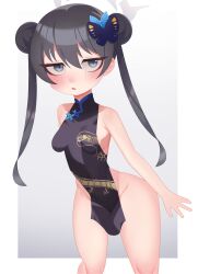 Rule 34 | 1girl, absurdres, black dress, black hair, butterfly hair ornament, china dress, chinese clothes, double bun, dragon print, dress, green eyes, grey halo, hair bun, hair ornament, halo, highres, kisaki (blue archive), sleeveless, sleeveless dress, twintails