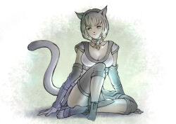 Rule 34 | 1girl, adventurer (ff11), animal ears, blonde hair, blue eyes, breasts, cat ears, cat girl, cat tail, cleavage, closed mouth, detached sleeves, facial mark, final fantasy, final fantasy xi, hairband, highres, long sleeves, medium breasts, mithra (ff11), piyoco, short hair, sitting, solo, tail, tail raised, toeless legwear, whisker markings