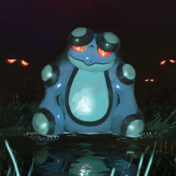 Rule 34 | animal focus, closed mouth, commentary, creatures (company), dark, game freak, gen 5 pokemon, glowing, glowing eyes, go-lurk, looking at viewer, night, nintendo, no humans, orange eyes, outdoors, pokemon, pokemon (creature), reflection, seismitoad, smile, water