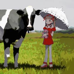 Rule 34 | 1girl, animal, black eyes, blunt bangs, closed mouth, cof6ta7w, cow, dress, flower, gloves, grass, grey sky, hair ribbon, hairband, highres, holding, holding stuffed toy, light brown hair, lolita hairband, looking at viewer, low twintails, original, outdoors, pantyhose, parasol, red dress, red flower, red gloves, red ribbon, ribbon, sky, standing, stuffed toy, twintails, umbrella, white pantyhose