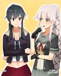 Rule 34 | 2girls, :d, black gloves, black hair, black jacket, blush, breasts, brown eyes, cleavage, commission, gloves, green eyes, grey sailor collar, grey skirt, hair flaps, highres, jacket, kantai collection, long hair, looking at another, masukuza j, medium breasts, midriff, multiple girls, navel, neck ribbon, open mouth, partially fingerless gloves, pink hair, pleated skirt, ponytail, purple jacket, red ribbon, red skirt, ribbon, sailor collar, school uniform, serafuku, sidelocks, signature, simple background, skirt, smile, very long hair, yahagi (kancolle), yellow background, yura (kancolle), yura kai ni (kancolle)