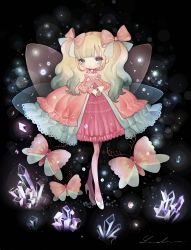 Rule 34 | 1girl, black background, blonde hair, blush, bow, bug, butterfly, crystal, dress, full body, gradient hair, green eyes, green hair, highres, insect, long sleeves, looking at viewer, multicolored hair, no nose, original, pink bow, pink butterfly, pink dress, shirosaki london, shoes, solo, white footwear