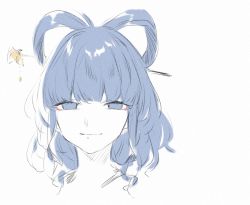 Rule 34 | 1girl, akagashi hagane, blue eyes, blue hair, blunt bangs, closed mouth, cropped shoulders, eyebrows hidden by hair, hair ornament, hair rings, hair stick, kaku seiga, light smile, limited palette, looking at viewer, medium hair, portrait, simple background, sketch, solo, touhou, white background