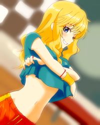 Rule 34 | 1girl, absurdres, bad id, bad pixiv id, blonde hair, blue eyes, blue shirt, blurry, blurry background, bracelet, clothes lift, cropped arms, dutch angle, grin, highres, idolmaster, idolmaster cinderella girls, jewelry, lifted by self, long hair, looking at viewer, midriff, navel, ohtsuki yui, orange pants, pants, ring, shiki (0802makimari), shirt, shirt lift, smile, solo, standing, stomach, upper body, wristband