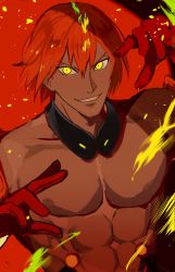 Rule 34 | 1boy, abs, ashwatthama (fate), black collar, collar, commentary request, dark-skinned male, dark skin, fate/grand order, fate (series), forehead jewel, gloves, hair between eyes, highres, jewelry, looking at viewer, male focus, muscular, muscular male, nipples, okra ecory, pectorals, red gloves, red hair, short hair, smile, solo, teeth, topless male, upper body, yellow eyes