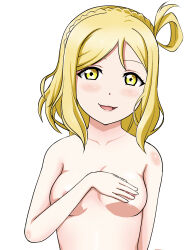 Rule 34 | 1girl, :3, areola slip, blonde hair, blush, braid, breasts, covering privates, covering breasts, covering nipples, highres, long hair, looking at viewer, love live!, love live! sunshine!!, medium breasts, nude, ohara mari, parted lips, simple background, smile, solo, to yoshiyoshi, upper body, white background, yellow eyes