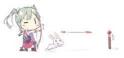 Rule 34 | 10s, 1girl, archery, arrow (projectile), bow (weapon), carrot, chibi, green hair, hair ribbon, holding, holding bow (weapon), holding weapon, kantai collection, kneeling, motion blur, muneate, on one knee, pleated skirt, rabbit, ribbon, simple background, sketch, skirt, solo, translation request, tunamayochan, twintails, weapon, white background, zuikaku (kancolle)