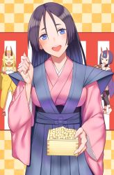 Rule 34 | 3girls, :d, :p, beans, blonde hair, blue eyes, blush, bob cut, checkered background, commentary request, crossed arms, fate/grand order, fate (series), food, gourd, hakama, hakama skirt, horns, ibaraki douji (fate), japanese clothes, kimono, long hair, looking at viewer, minamoto no raikou (fate), multiple girls, oni, open mouth, purple hair, short hair, shuten douji (fate), skin-covered horns, skirt, smile, standing, tongue, tongue out, tsuchifumazu, yellow background