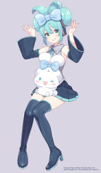 Rule 34 | 1girl, aqua eyes, aqua hair, aqua necktie, black footwear, black skirt, black sleeves, blue bow, blush, boots, borrowed hairstyle, bow, cinnamiku, cinnamoroll, collared shirt, commentary request, creature on lap, detached sleeves, double-parted bangs, figure available, folded twintails, full body, grey background, grey shirt, grin, hair between eyes, hair bow, hands up, hatsune miku, headphones, high heel boots, high heels, highres, invisible chair, looking at viewer, necktie, number tattoo, pleated skirt, shigure ui, shirt, simple background, sitting, skirt, sleeveless, sleeveless shirt, smile, tattoo, thigh boots, updo, vocaloid